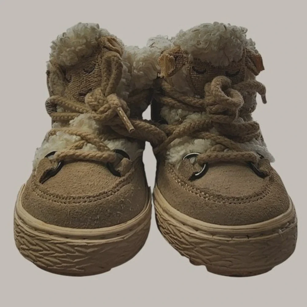 Zara Kids Girls 8 Tan Sheep Faux Fur Lined‎ High Top Boots Farmcore Country Kid